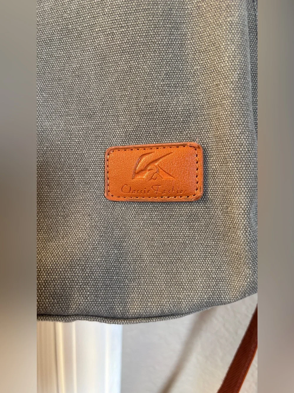 Gray Canvas Convertible Tote Crossbody Bag Multi Pocket Brown Strap